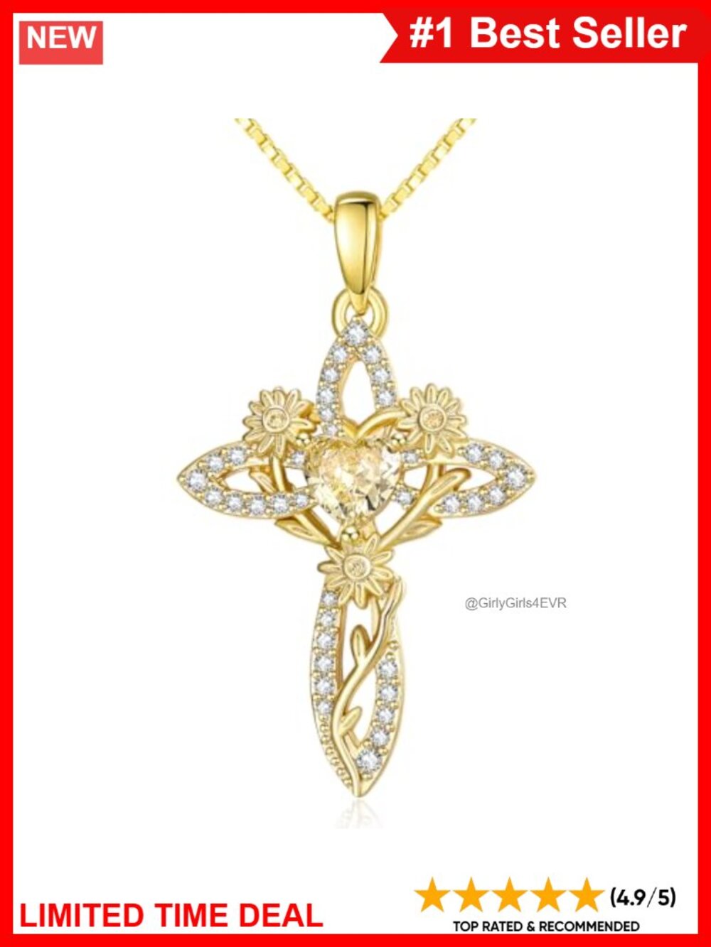 14k Gold Plated Cross Sunflower Pendant Necklace Zircon Adjustable Gift
